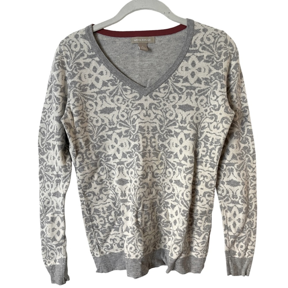 Banana Republic Grey & White 100% Cotton‎ Jacquard V-Neck Sweater S